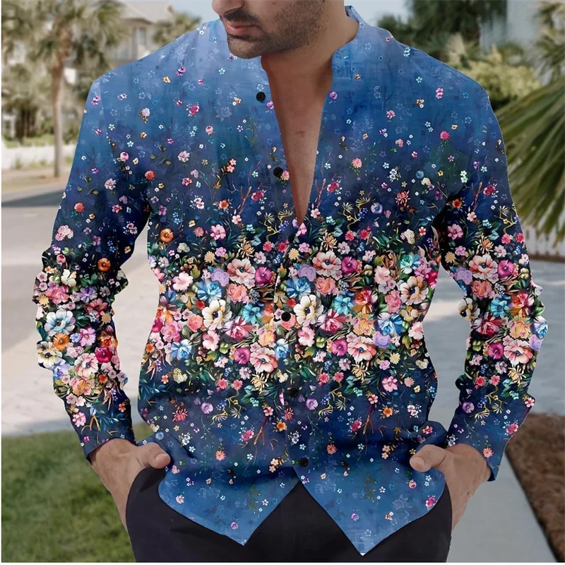 Men's Shirt 2024 Floral Retro 3D Print Daily Wear Outing Weekend Summer Stand Collar Long Sleeve 10 Colors Fast Shipping XS-6XL