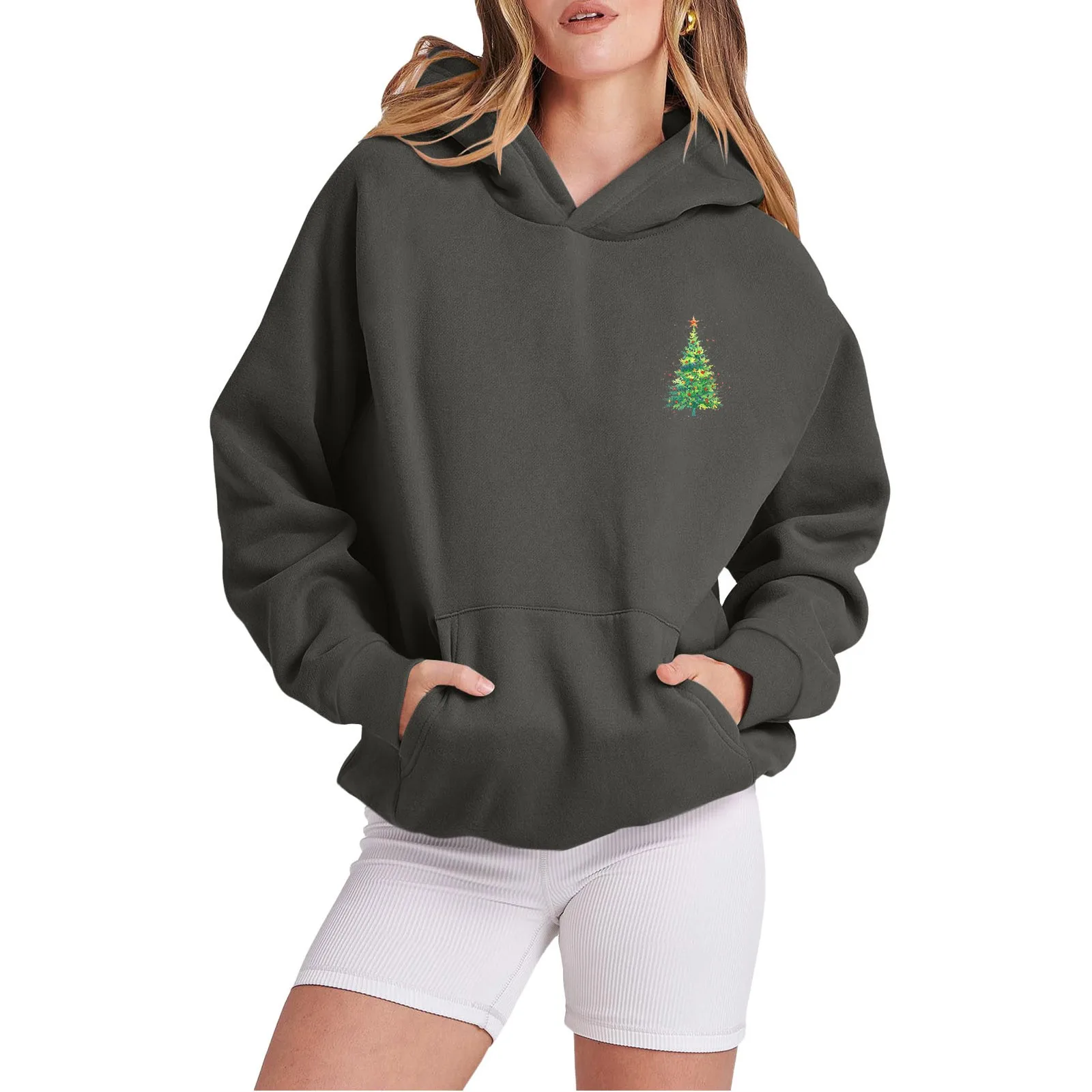 

Women's Casual Fashion Baggy Long Sleeve Sleeve Sleeve Pocket Christmas Print Hoodie Warm Pullover