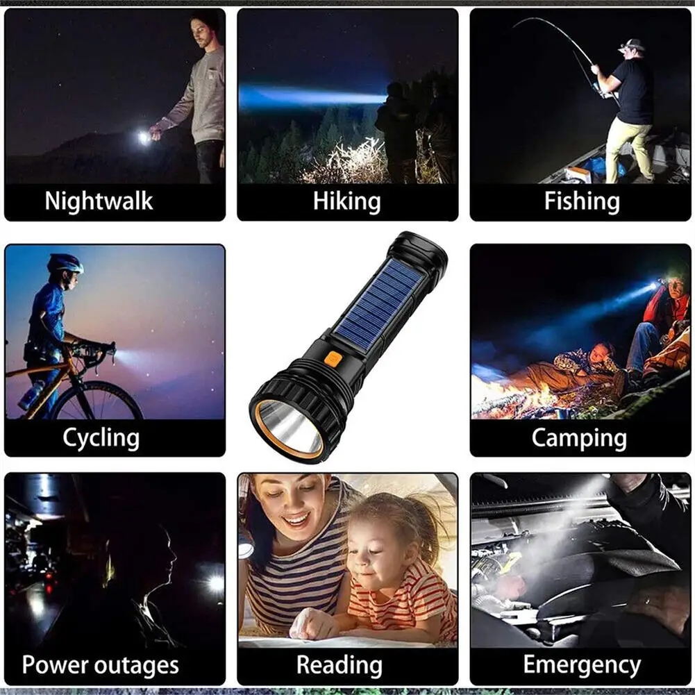 Spurtar Solar Flashlight Torch Car LED Flashlight Tactical Emergency 7 Modes Light USB Rechargeable Solar Powered Flashlight 2000mAh Super Bright Wit