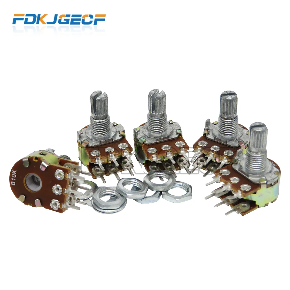 5-Pack WH148 15mm 6-Pin Dual Stereo Linear Potentiometer - B1K 1K Double Rotary Pot