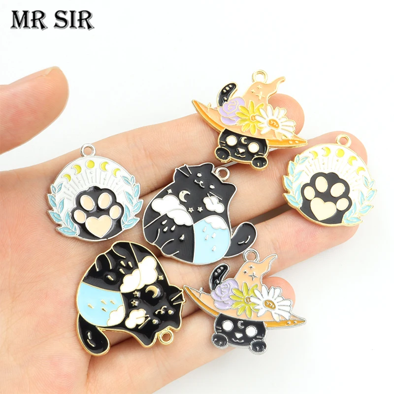 

10pcs Lovely Black Cat Enamel Cartoon Charms Kawaii Witch Hat Kitten Cat Paw Pendant for Jewelry Making DIY Accessories Supplies
