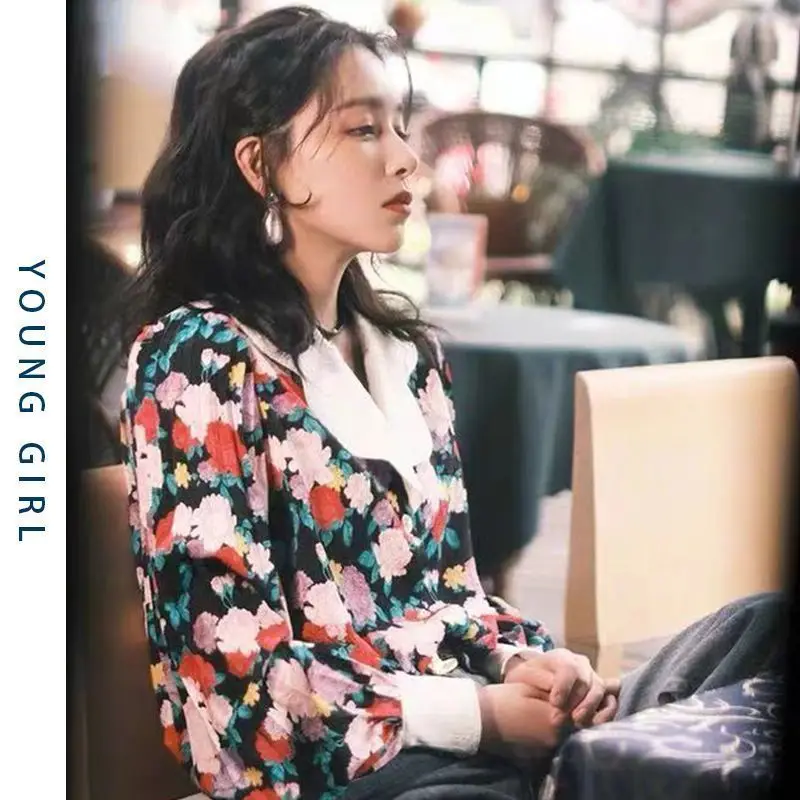 2023 Autumn Women's New Fashion Commuter Flower Broken Lantern Sleeve Shirt Casual Versatile Comfortable Long Sleeve Top