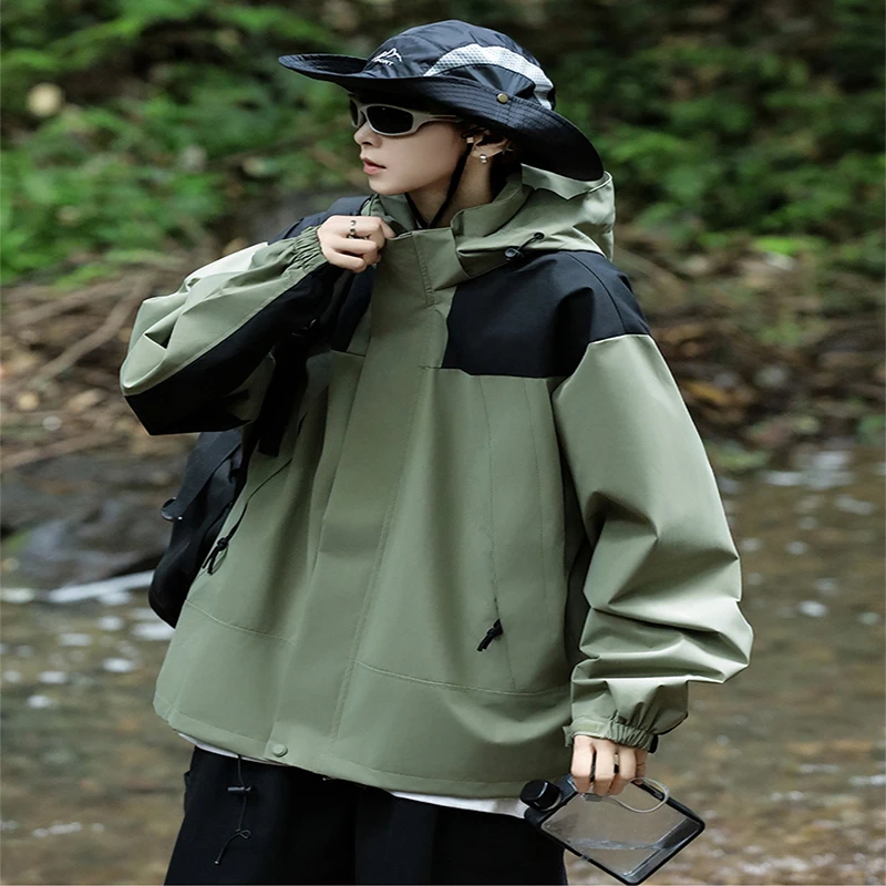 Spring Trendy Men's Casual Jacket Side Pockets Windproof Patchwork Windbreaker Outdoor Comfy Sport Coat Zip