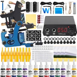 Complete Tattoo Machine Kit 10 Wraps Coil Tattoo Gun Set With Power Supply Needle Ink Pigment Tattoo Tools for Body Art Beginner