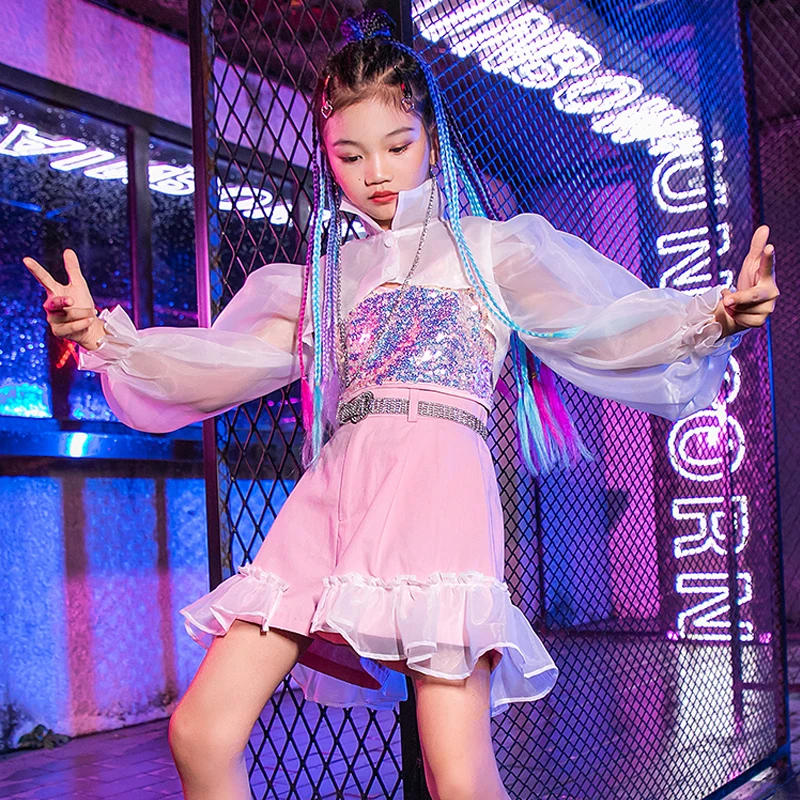 

Puff Sleeves Sequins Top Pink Shorts For Girls Ballroom Dance Performance Outfit Jazz Dance Costumes Kids Hiphop Stage Wear 4220