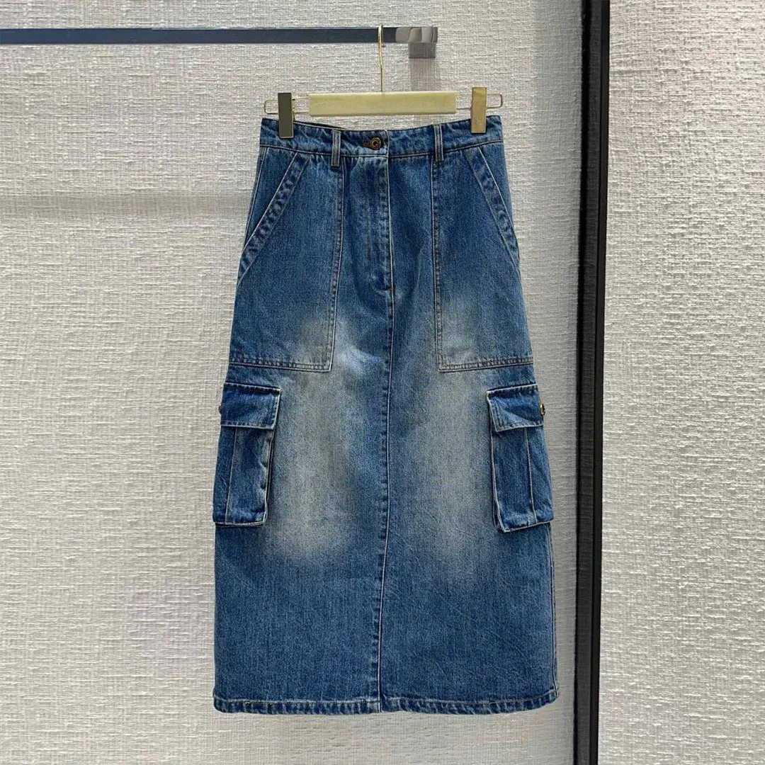 

2024 Fashion Washed Blue Denim Pencil Long Skirts Womens High Waist Pockets Patchwork Slim Fit Vintage Cool Skirt