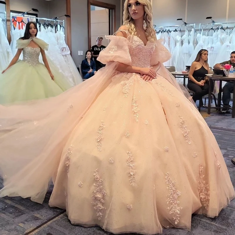 

Lorencia Pink Quinceanera Dress Ball Gown Spaghetti Lace Applique Beading With Cape Corset Sweet 16 Vestidos De 15 Años YQD604