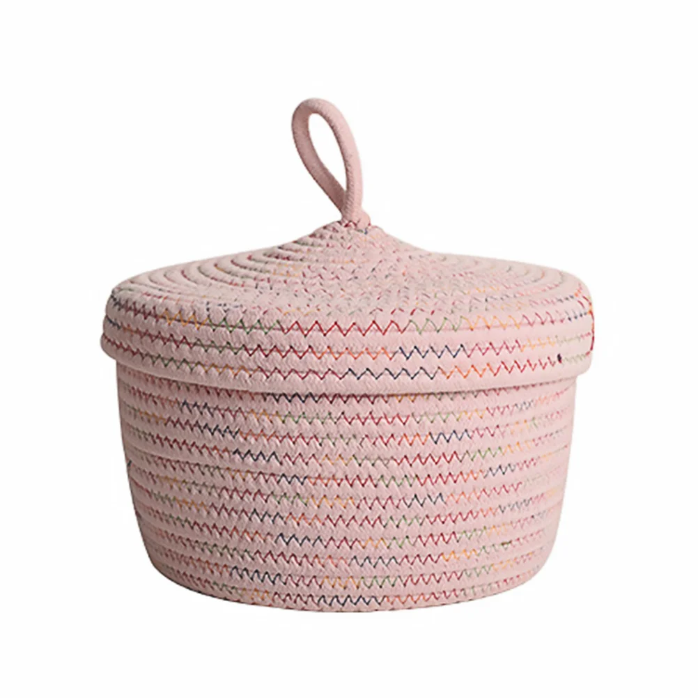 

1Pc Desktop Small Storage Basket Round Cotton Rope Woven Basket Lid Home Organizing Box Decorative Woven Storage Bin