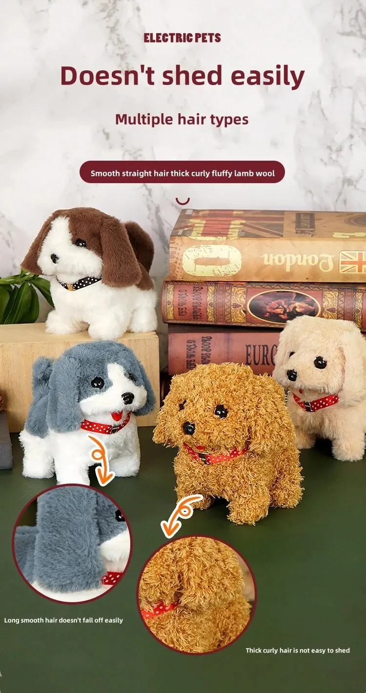 Walking Dog Toy 5.9 Inch Tall Cute Barking with Bell and Puppy Leash Interactive Tail Waking Realistic Plug