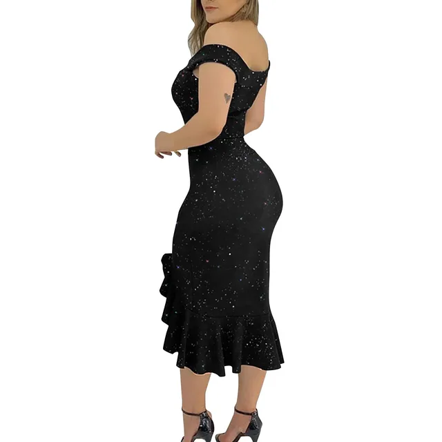 Vestidos irregulares de manga corta con volantes y lentejuelas para mujer, hombros descubiertos, Sexy, moda de verano - Imagen 4