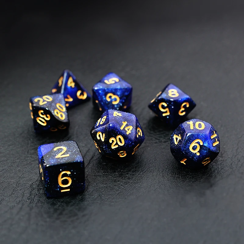 7Pcs/Set Black and Blue Starry Sky Dice D&D COC Dice D4 D6 D8 D10 D% D12 D20 Table Games DND RPG Dice Set