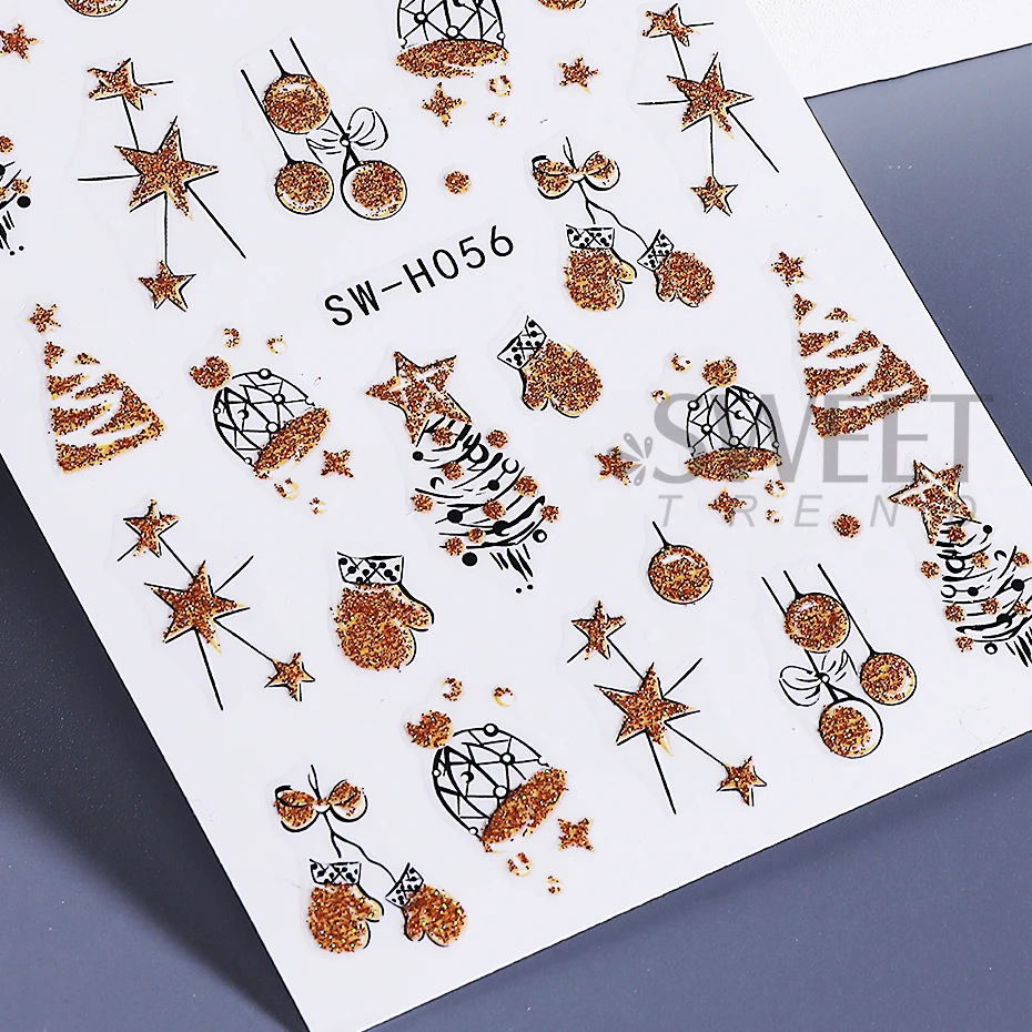 2pcs Cartoon Christmas Nail Stickers Glitter Gold Snowflake Reindeer Glove Xmas Tree Nail Slider Decals DIY Manicure Decoration