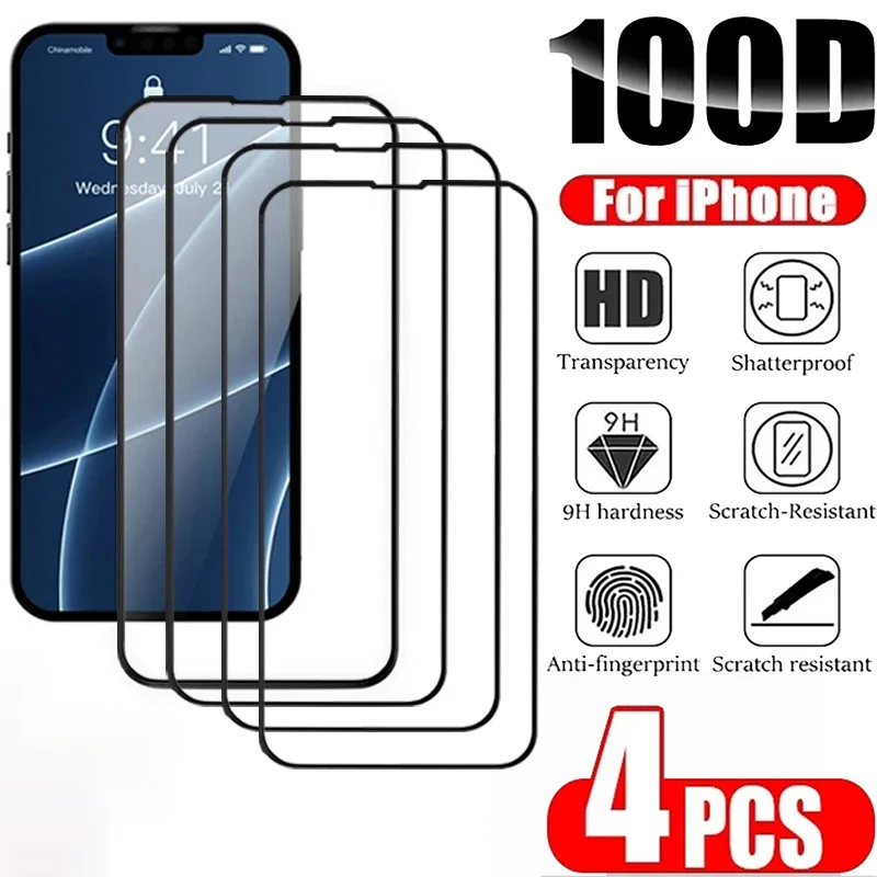 4PCS Tempered Protective Glass For iPhone 15 14 13 12 11 Pro Max