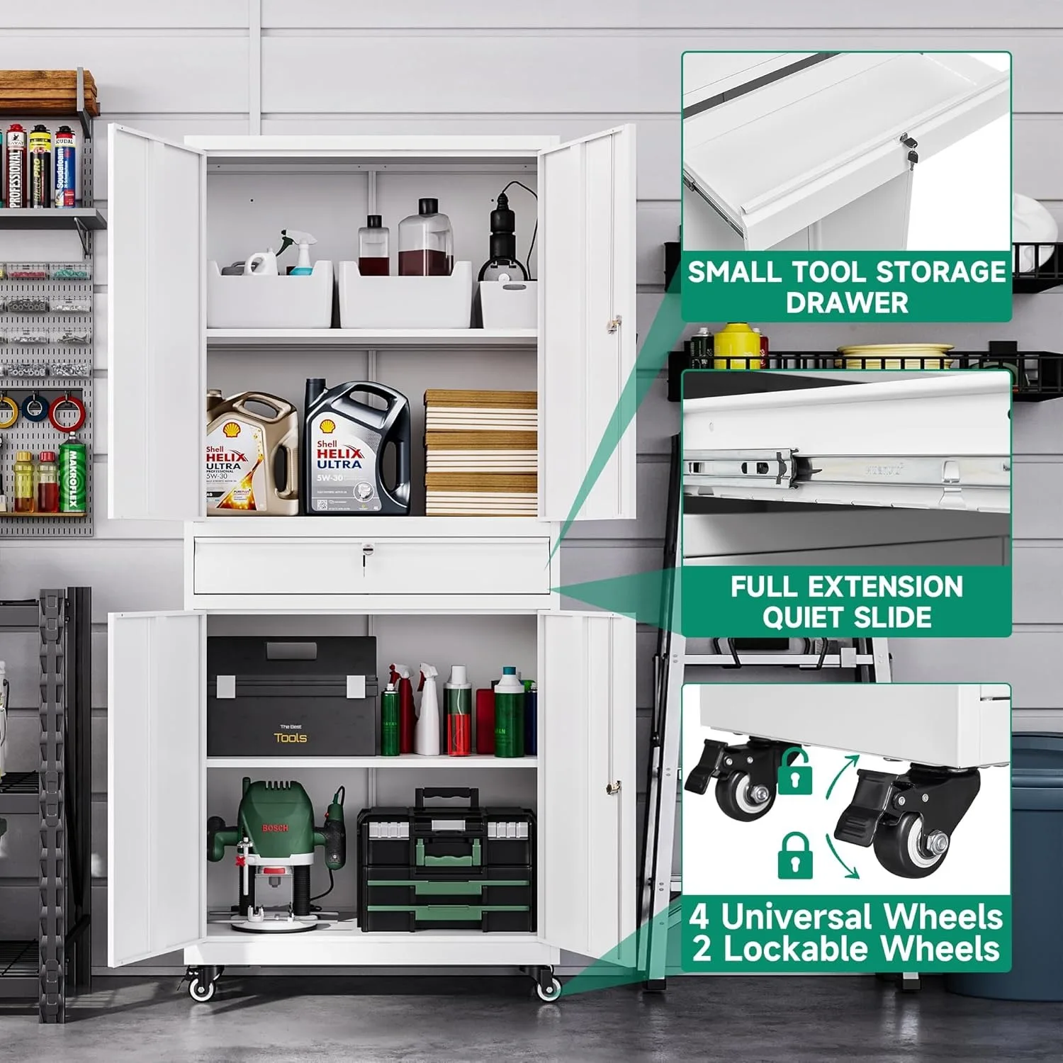 Metal Garage Storage Cabinet w/ Wheels,72“ Rolling Tool Cabinet w/ 4 Door Lock-Adjustable Shelves and Drawer (White with Wheels) 5