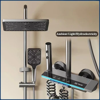 Sistema doccia in ottone con montaggio a parete Bagno Display digitale intelligente Uscita acqua a quattro funzioni Set di rubinetti per doccia a pioggia Soffione doccia 1