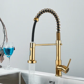Rubinetto per lavello da cucina in oro spazzolato Rubinetto per installazione su piattaforma con miscelatore caldo freddo estraibile a molla 1
