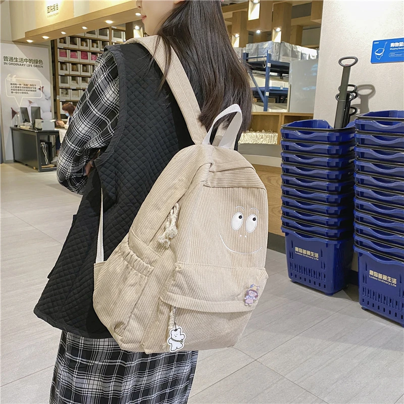 Fashion Corduroy Backpack Women Stripe Cute School Bag For Girls Kawaii Solid Color Travel Backpack Female Shoulder Bag Mochila