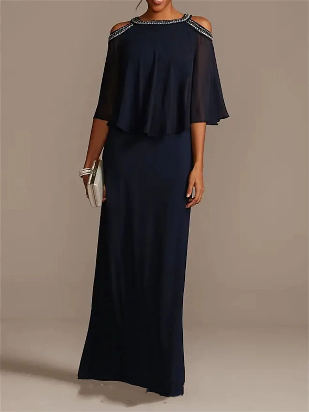 

Sheath / Column Mother of the Bride Dress Elegant Jewel Neck Floor Length Chiffon Half Sleeve with Beading Sequin