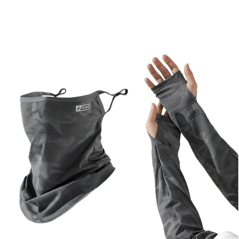 2Pcs Set Sun Protection Ice Sleeve Mask Summer Arm Sleeves Men Breathable Bandana Mask Ice Silk Cycling Arm Sleeves