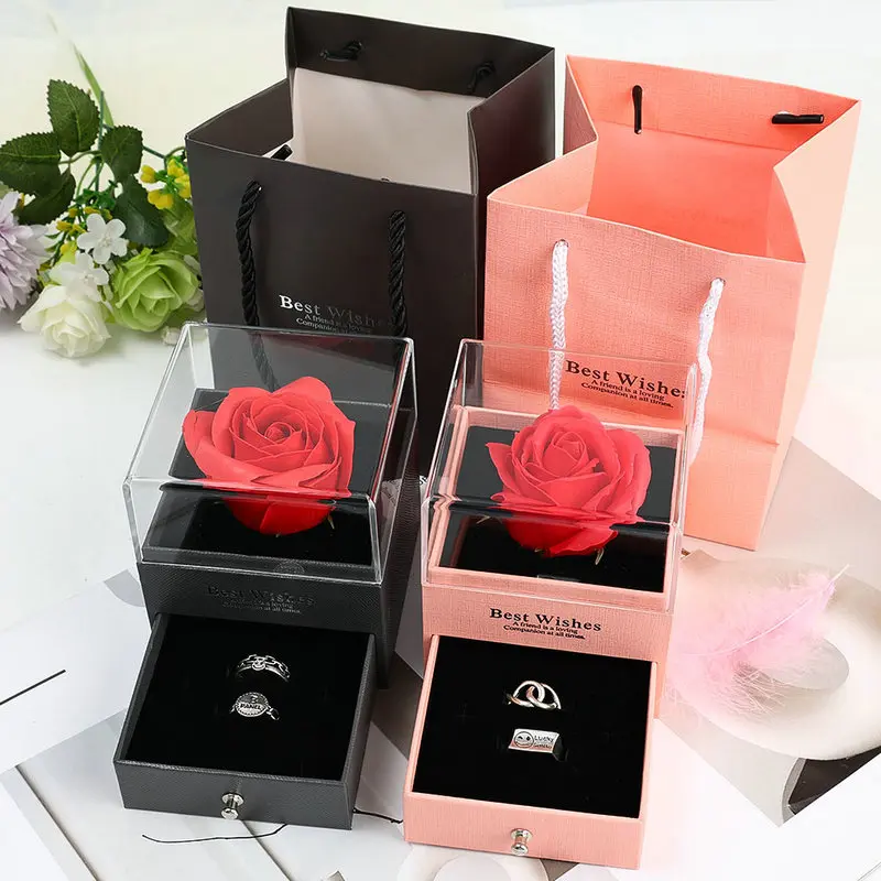 Eternal Rose Artificial Flowers Ring Case Jewelry Necklace Storage Box Wedding Decor Valentine Birthday Gift Jewellery Case