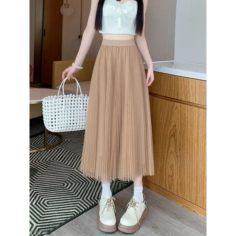 لربيع وصيف  نمط جديد للمرأة ميدي ألف خط تنورة الجنية الشاش نصف طول عالية الخصر ثنيات مظلة تنورة ألياف البوليستر