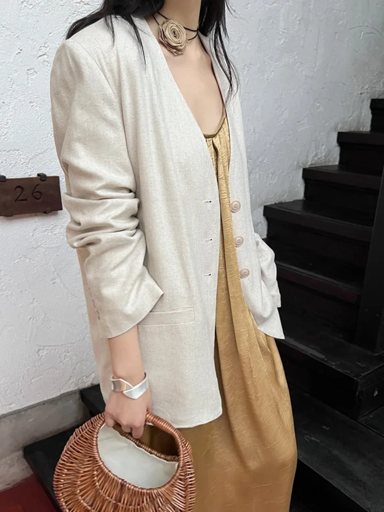 [LANMREM] Linen Blazers For Women V Neck Single Breasted Long Sleeve Office Lady Vintage Jackets 2024 Summer New 26D8950