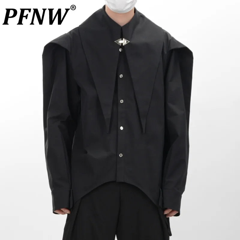 

PFNW Men's Autumn Spring Niche Wrinkling Solution Large Neckline Shirt Metal Buckle High Sense Cardigan Silhouette Top 12Z4464