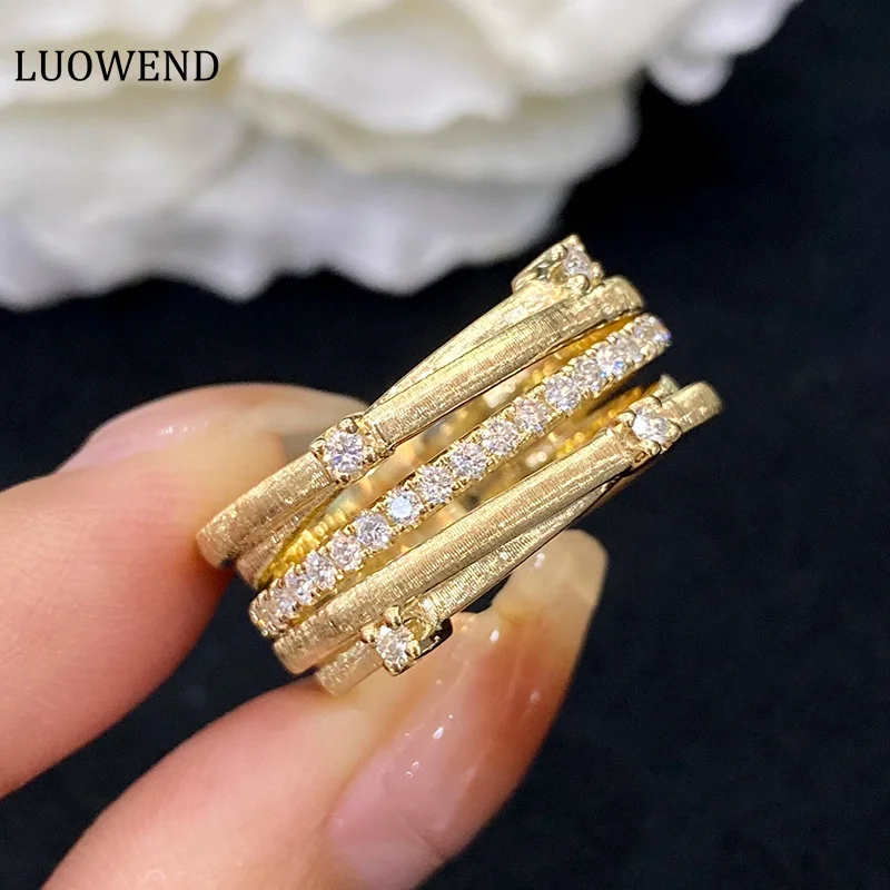 LUOWEND 18K Yellow Gold Rings Luxury Real Natural Diamond Elegant Five Row Intertwine Style Wedding Rings for Women Engagement