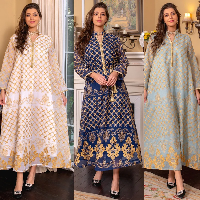 Muslim Abaya Dress Embroidered Mesh Robe Femme Musulman Elegant Fashion Ladies Dress for Middle East Dubai Saudi Arabia