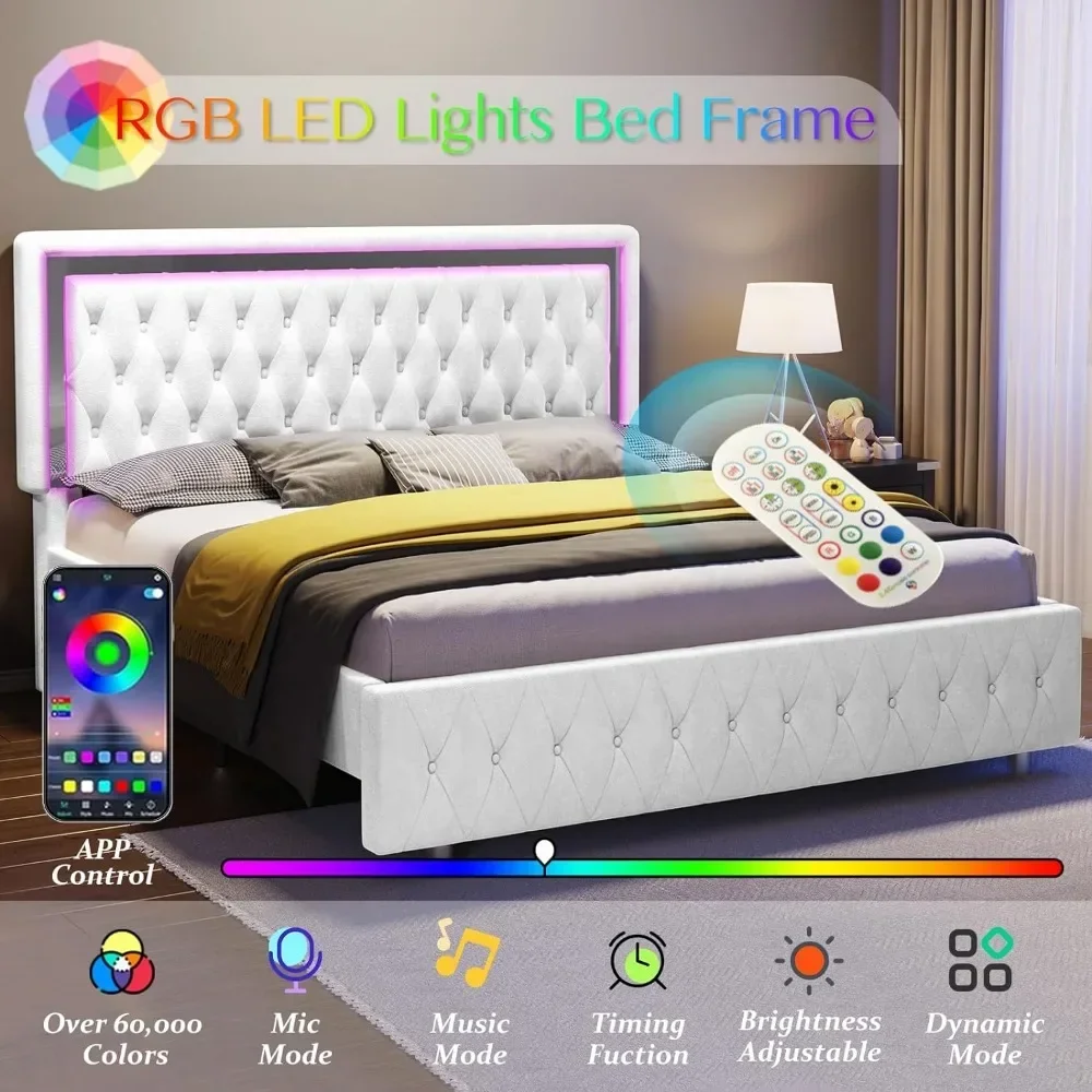Queen Bed Frame, Velvet Upholstery, Headboard and Footboard with LED Lights, No Spring Mattress Required, Platform Bed Frame 3