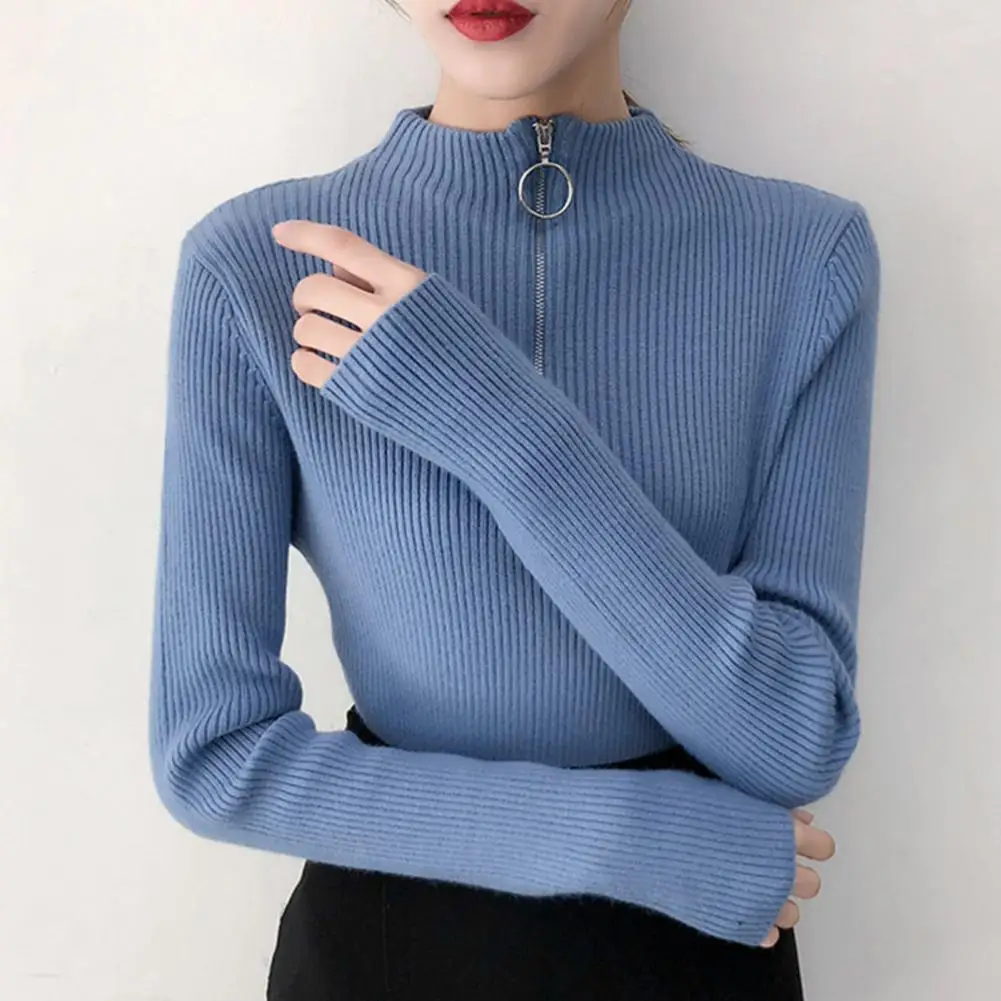 Thread Half High Collar Wavy Stripes Long Sleeve Women's Sweater
