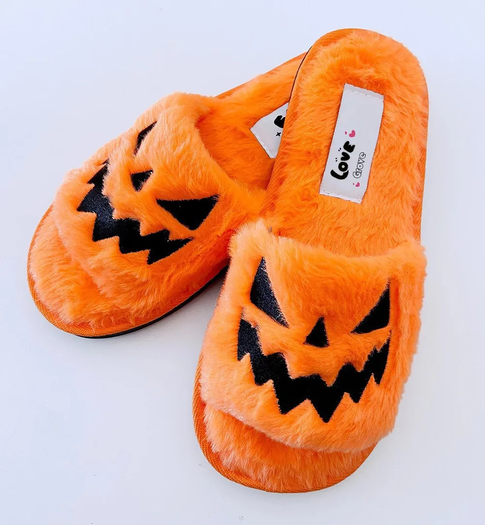

2023 Halloween Pumpkin Lantern Slippers Autumn Soft Furry Comfort Closed Toe Slides Women Size 43 Outdoor Slippers Zapatos Mujer
