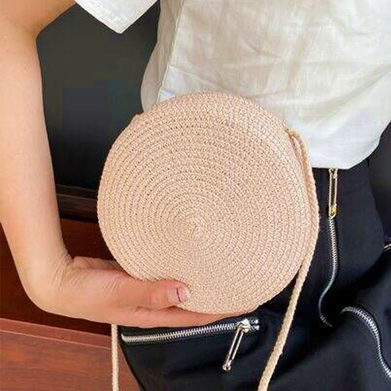 Round Straw Crossbody Shoulder Bag Women Woven Beach Bag for Ladies Rattan Handmade Knitted Candy Color Small Handbag Bolsa