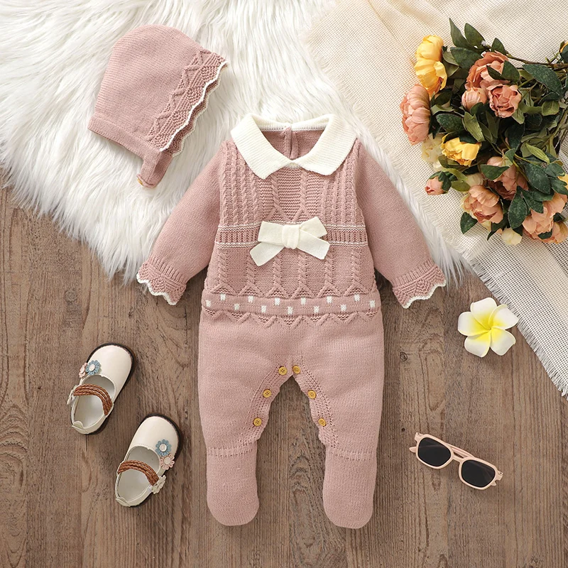 Newborn Baby Romper Hat Sets Knit Infant Boy Jumpsuit Long Sleeve Cute Bow Toddler Clothes 2PC Overalls 0-9M Playsuit Warm Fall 1