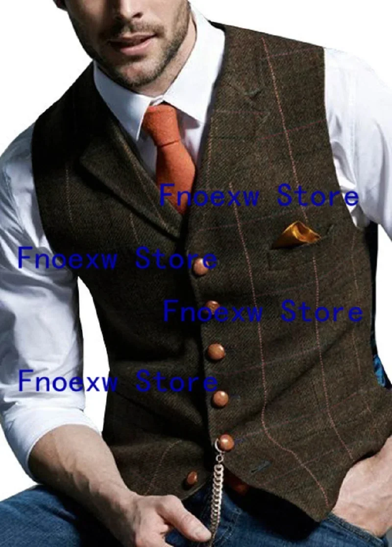 Men Suit Vest Notched Plaid Wool Herringbone Tweed Waistcoat Casual Formal Business Groomman For Wedding Green/Black/Green/Grey