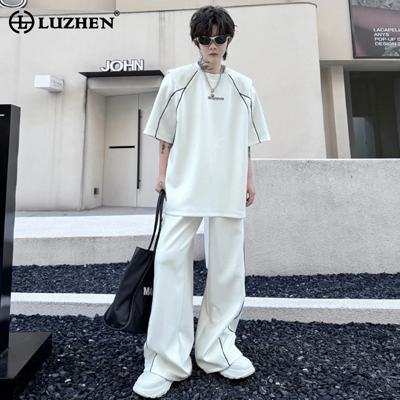 

LUZHEN Letter Printed Line Pattern Design Short Sleeved T Shirts Two-piece Sets Stylish New Men's Street Straight Pants LZ3467