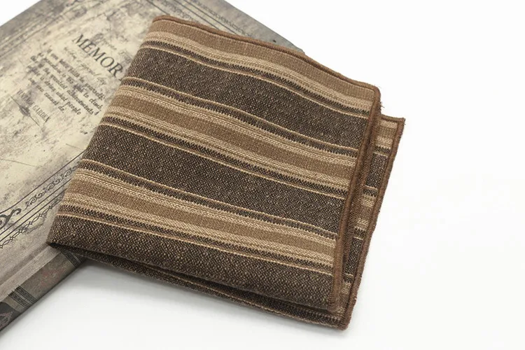 24CM Striped Brown Pocket Square British Style Cotton Linen Handkerchief Casual Plaid Cravat Tuxedo Hanky Suit Shirt Neckwear