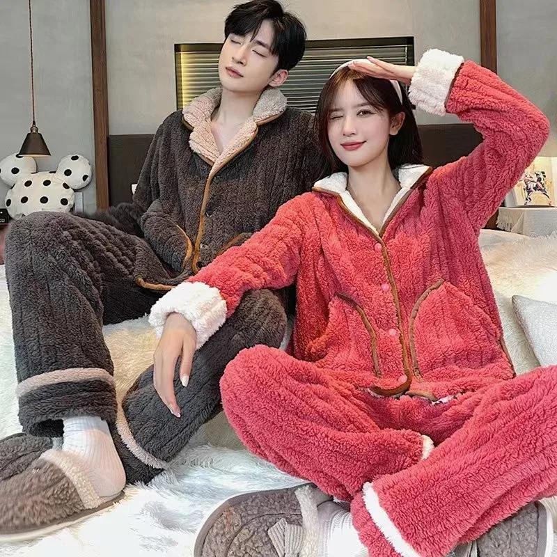 Sleep Clothes Winter Loungewear Suit Couple Pajamas Women Thick Warm Men Oversized Outerwear Home Clothing Sets Pijama Hombre winter coral fleece fashion pajamas sets for women man flannel warm couple sleepwear sleep tops trousers pijama hombre mujer new