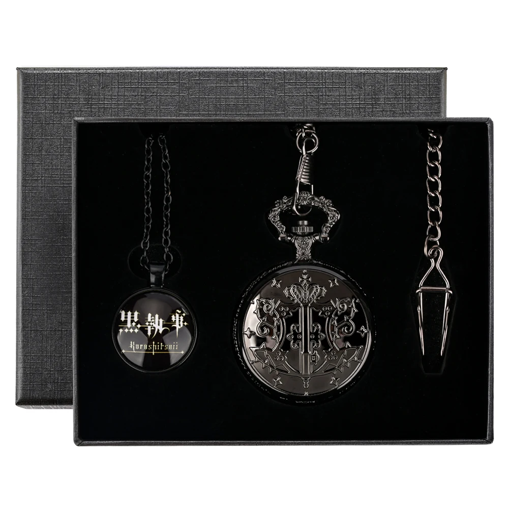 

Antique Kuroshitsuji Black Butler Cover Men Women Analog Quartz Pocket Watch Necklace Chain Gift Set