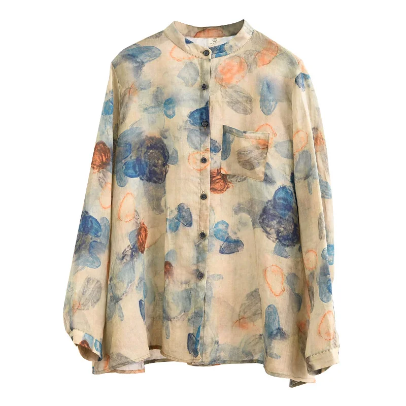 

2023 spring new Chinese ramie women's cotton shirt women's design sense small stand collar shirt