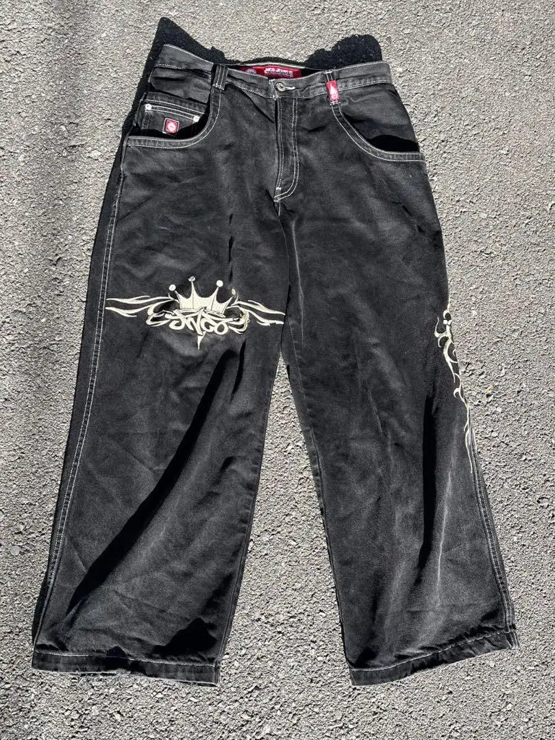 JNCO Y2K 힙합 레트로 자수 헐렁한 청바지, 블랙 바지, 남녀공용 하라주쿠 고딕 하이 웨이스트 와이드 레그 바지, 신제품