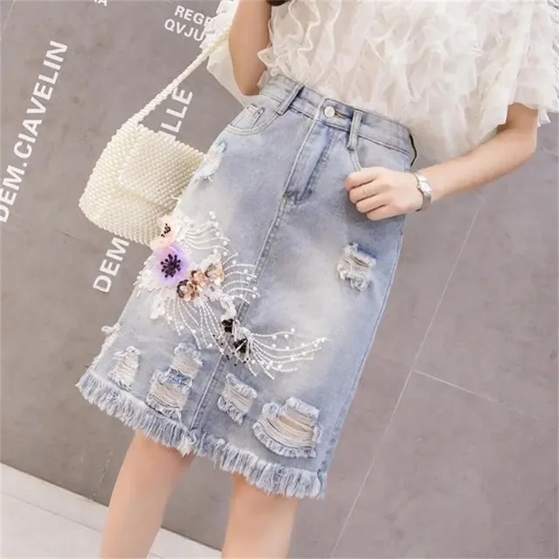 2022 Women's Denim Skirts Spring Summer High Waist Heavy Work Embroidery Flower Jeans Skirt Plus Size Hole Cowboy Skirt nike tennis skirt Skirts