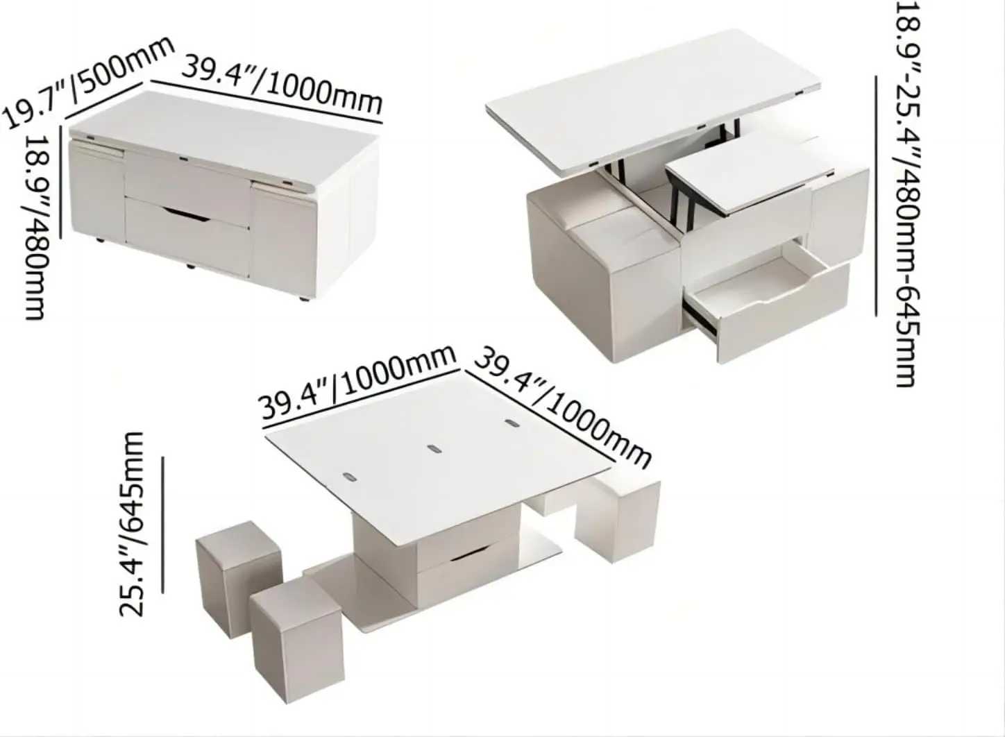 homary White Lift Top Coffee Table with Hidden Storage, 3 in 1 Multi-Function Modern Folding Center Table with 4 Stools and Cast 2