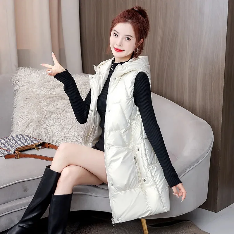 

2022 New Women's Vest Jacket Down Cotton Vest Autumn Winter Jacket Hooded Long Coat Sleeveless Loose Female Waistcoat Snow Wear