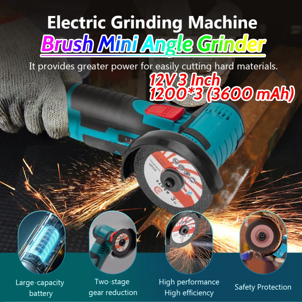 12V 3 Inch Brush Mini Angle Grinder 19500rpm Household Cutting Machine Polishing Machine Lithium Angle Grinder Filling
