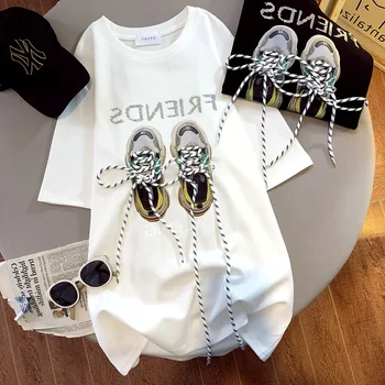 3D Shoelace Short-sleeved T-shirt Letter Diamonds Summer Streetwear Women Oversized Tshirt Y2k Tops Round Neck Loose Graphic Tee 1