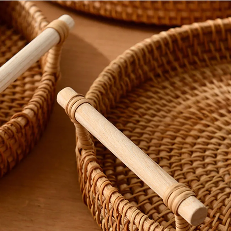Hand Woven Rattan Dish, Fruit Bowl, Snack Basket Storage, Kitchen Supplies, Bread, Biscuit Tray, Bamboo Basket, Service Plate 4