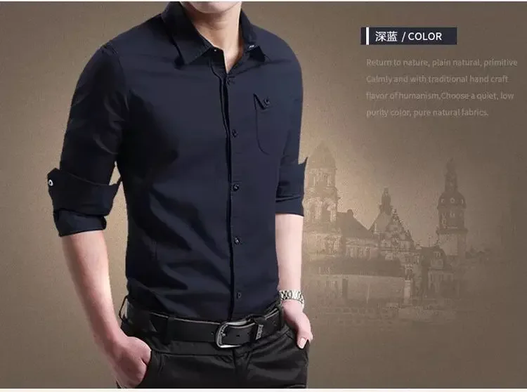 Men’s pure cotton slim Korean‑style long‑sleeve casual shirt jacket black
