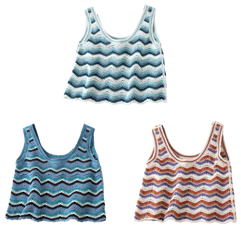 

Fashion Crochet for Tank Tops for Women Retro Stripe Crop Tops Summer Cami
