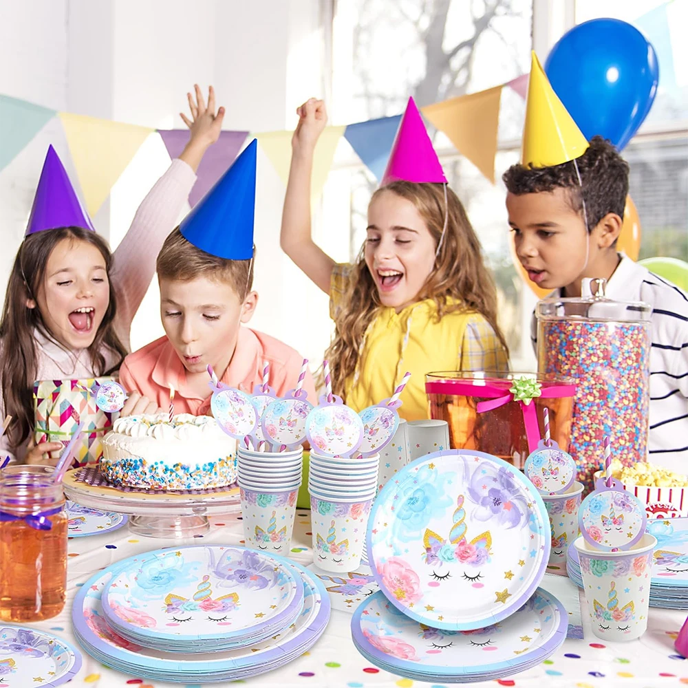80 Pieces of Unicorn Birthday Decoration Tableware Unicorn Party Tableware Set for 16 Guests Party